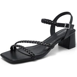 🆕Women's Black Sandals 1.97 inch Low Chunky Block Heels Square Open Toe w Strap
